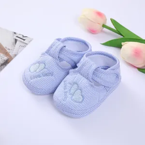 Detail of blue striped soft sole baby pre-walker shoes with cute heart embroidery