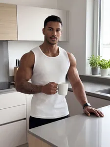Premium white ribbed muscle fit tank top for men made of breathable knitted fabric