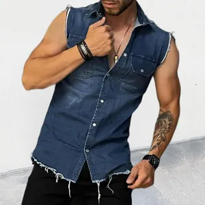 Men's muscle fit sleeveless denim vest with frayed edges and lapel collar