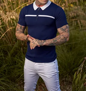 Detailed close-up of a men's slim fit polo shirt featuring a white zipper collar and chest stripe