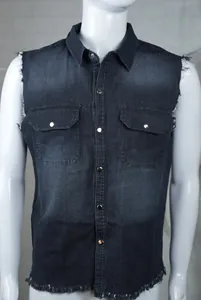 Detailed view of men's black washed denim muscle vest featuring a frayed hem and lapel collar