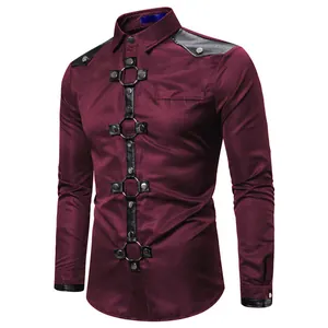 Camicia gotica da uomo a maniche lunghe con borchie metalliche e inserti in pelle nera