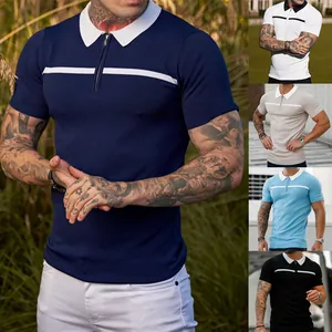 Slim fit men's short sleeve polo shirt with contrast collar and horizontal stripe detail
