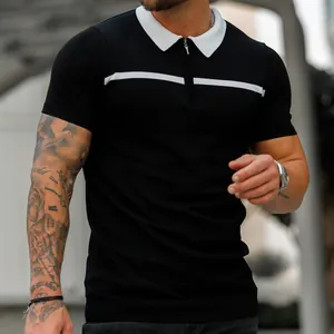 Detail view of men's slim fit polo shirt featuring zipper collar and white stripe