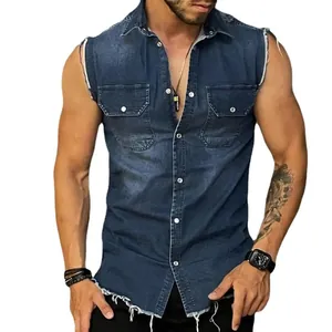 Slim fit men's denim sleeveless vest jacket with frayed edges and button chest pockets