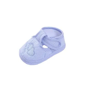 Blue striped baby pre-walker shoes with soft sole and embroidered double heart