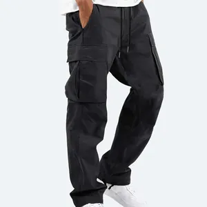Pantalon Cargo Décontracté pour Hommes Couleur Unie Multi-poches Mélange de Coton Jambe Droite Cordon de Serrage Extérieur Ample