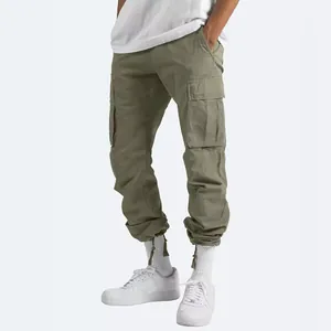 Pantalon cargo homme vert olive avec cordon de serrage et poches multiples décontracté.