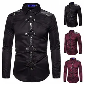Camicia da Uomo Gothic Punk a Manica Lunga Estetica Oscura Anelli di Metallo Borchie Patch in Pelle Slim Fit per Performance