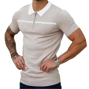 Men's slim fit beige polo shirt with white contrast collar and chest stripe detail