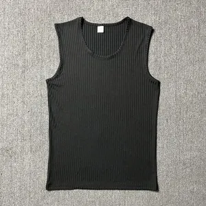 Close-up detail of black ribbed sleeveless tank top with breathable knit texture