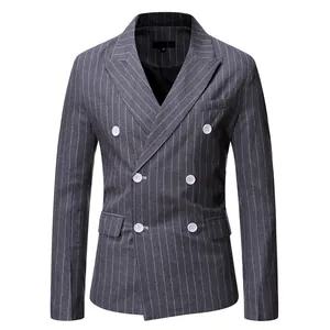 Detailed front view of men's grey pinstripe double-breasted blazer with peak lapel