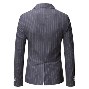 Back view of men's grey pinstripe business casual blazer with elegant white buttons