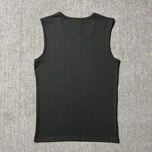 Detailed view of the black ribbed knit texture on a men's slim fit athletic tank top