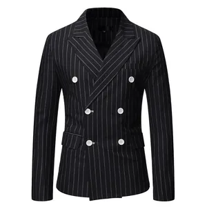 Front view of men's black pinstripe double-breasted suit jacket featuring white buttons