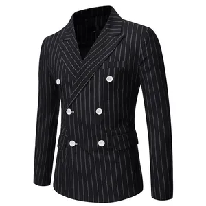 Detail view of a men's double-breasted pinstripe blazer with peak lapel and white buttons.