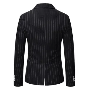 Back view of a black men's business suit jacket with white pinstripes and slim fit.