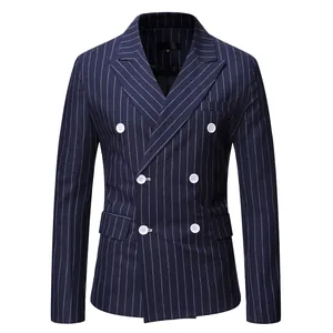 Professional front view detail of men's navy blue pinstripe double-breasted blazer