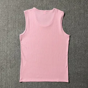 Detailed back view of a pink ribbed knit slim fit sleeveless tank top for men's fitness