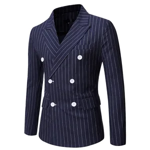 Classic men's navy blue pinstripe double-breasted blazer with elegant peaked lapel