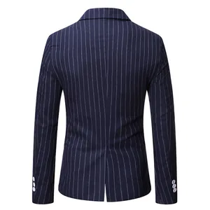 Back view of a men's navy blue pinstripe suit jacket with white buttons on sleeves