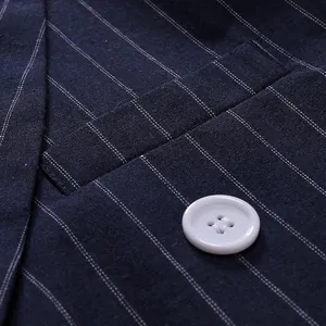 Close-up detail of a navy blue pinstripe business blazer with a white button and pocket