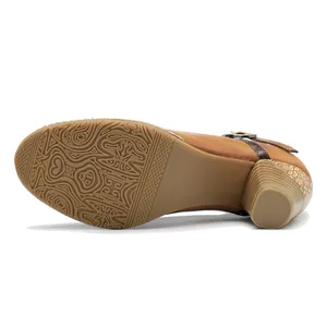 Detailed view of the anti-slip sole and block heel of vintage leather Mary Jane shoes
