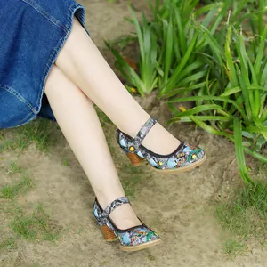 Detailansicht von vintage bestickten Mary Jane Pumps mit Blockabsatz, im Freien getragen.