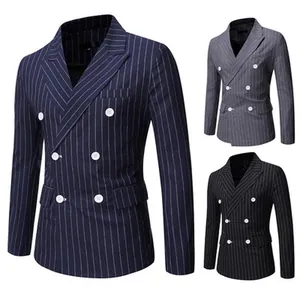 Men's British Style Pinstripe Blazer Double Breasted Peak Lapel Suit Jacket Casual Business Slim Fit Cotton Blend Top