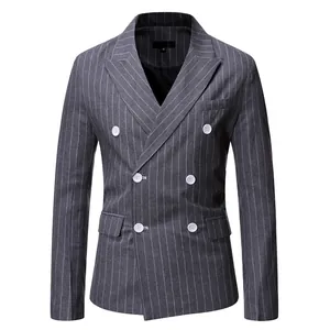 Men's grey pinstripe double-breasted suit jacket with peaked lapels and white buttons