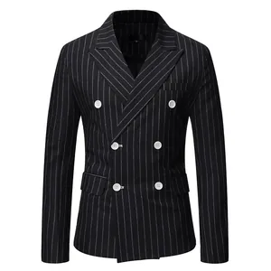 Men's black pinstripe double-breasted suit jacket with white buttons and peak lapel