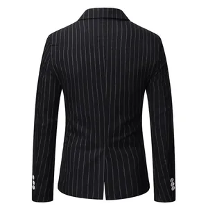 Back view of men's slim fit black pinstripe casual blazer with white cuff buttons