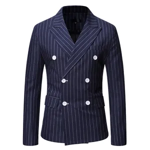 Men's navy blue pinstripe double-breasted blazer with white buttons and peak lapel