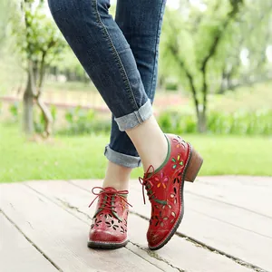 Women's Vintage Genuine Sheepskin Brogue Shoes Hand-Rubbed Color Hollow Out Floral Lace-Up Chunky Heel Casual Comfortable Shoes