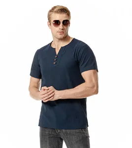 Premium men's navy blue linen cotton blend V-neck short sleeve beach T-shirt detail view