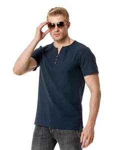 Professional studio shot of a men's navy blue cotton linen V-neck T-shirt with buttons