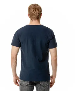 Rear view detail of a navy blue men's linen cotton blend V-neck beach short sleeve T-shirt