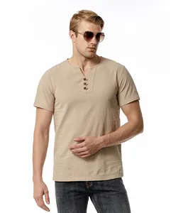 Detailed view of men's beige linen V-neck short sleeve T-shirt with button detail