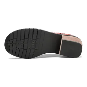 Close-up view of durable rubber outsole and wood-texture block heel of vintage leather shoe
