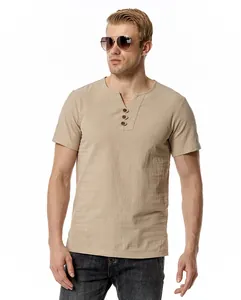 Detail of men's linen cotton V-neck T-shirt with wooden buttons and fabric texture