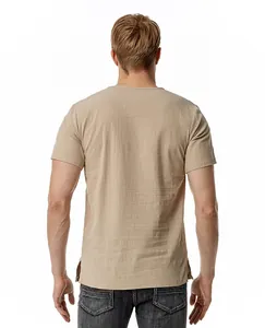 Back view of a men's beige cotton linen short sleeve T-shirt with side slits