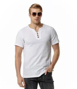 Classic white men's linen Henley shirt with V-neck, wooden buttons and short sleeves
