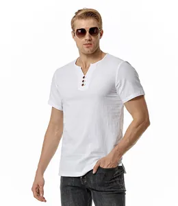Detailed shot of men's white linen-cotton Henley t-shirt with a stylish three-button placket.