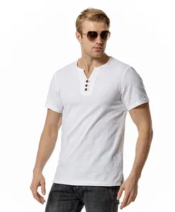 Premium men's breathable white linen cotton V-neck T-shirt featuring classic button details