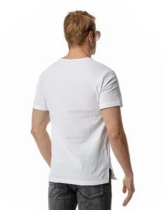 Detailed back view of a men's white linen short-sleeve T-shirt with breathable side slits