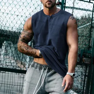 Camiseta de tirantes henley para hombre en azul marino, corte holgado para deporte y ocio
