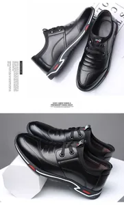 Detalle de zapatos elevadores de cuero negro para hombre con cordones y textura.