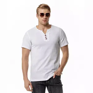 Stylish white men's linen cotton Henley V-neck short sleeve summer beach T-shirt