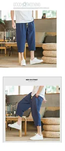 Lifestyle shots of men's blue linen harem pants featuring a comfortable cropped fit