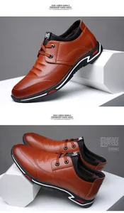 Primer plano de zapatos de cuero marrón para hombre con cordones en soportes blancos